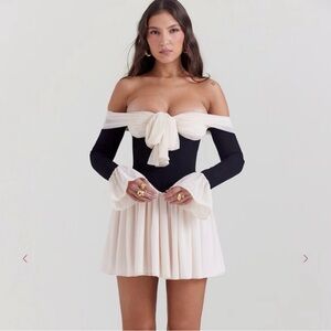 House of CB Off-Shoulder Black and Ivory Long-Sleeve Mini Dress